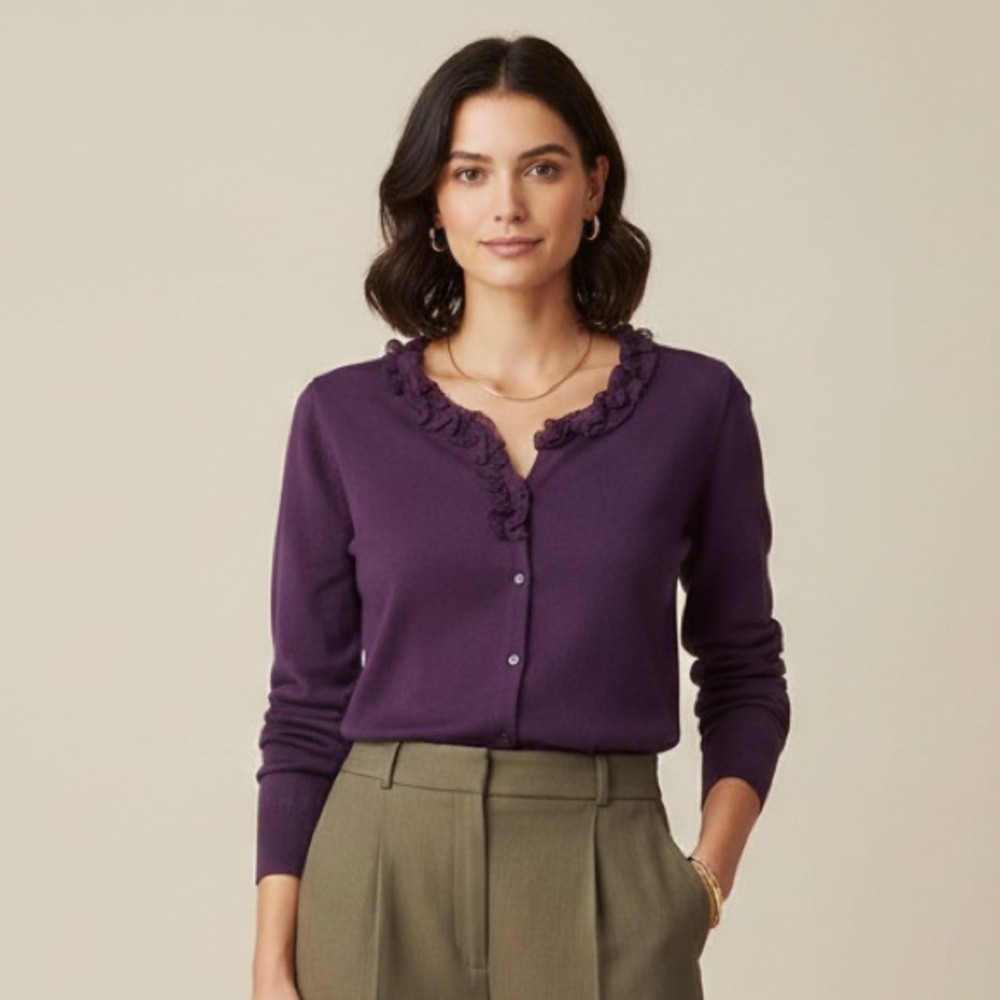 J Crew Factory Purple Ruffle Silk Trim Button Cardigan Sweater